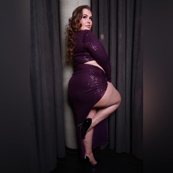2 Piece Purple Sequin Crop Top and Skirt Set XLarge - Picture 4 of 8